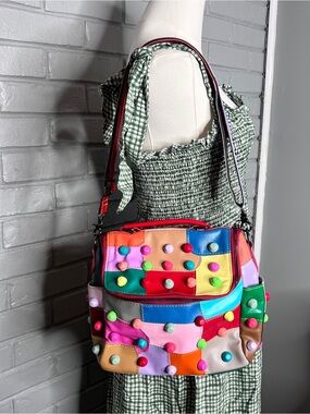 Colorblock Geometric Studded Bag with Adjustable Strap